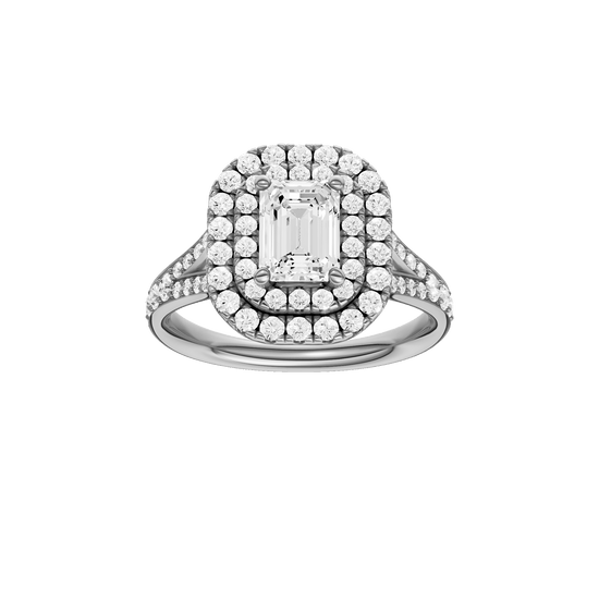 Emerald-cut diamond engagement ring with a channel-set diamond band and double-halo setting.