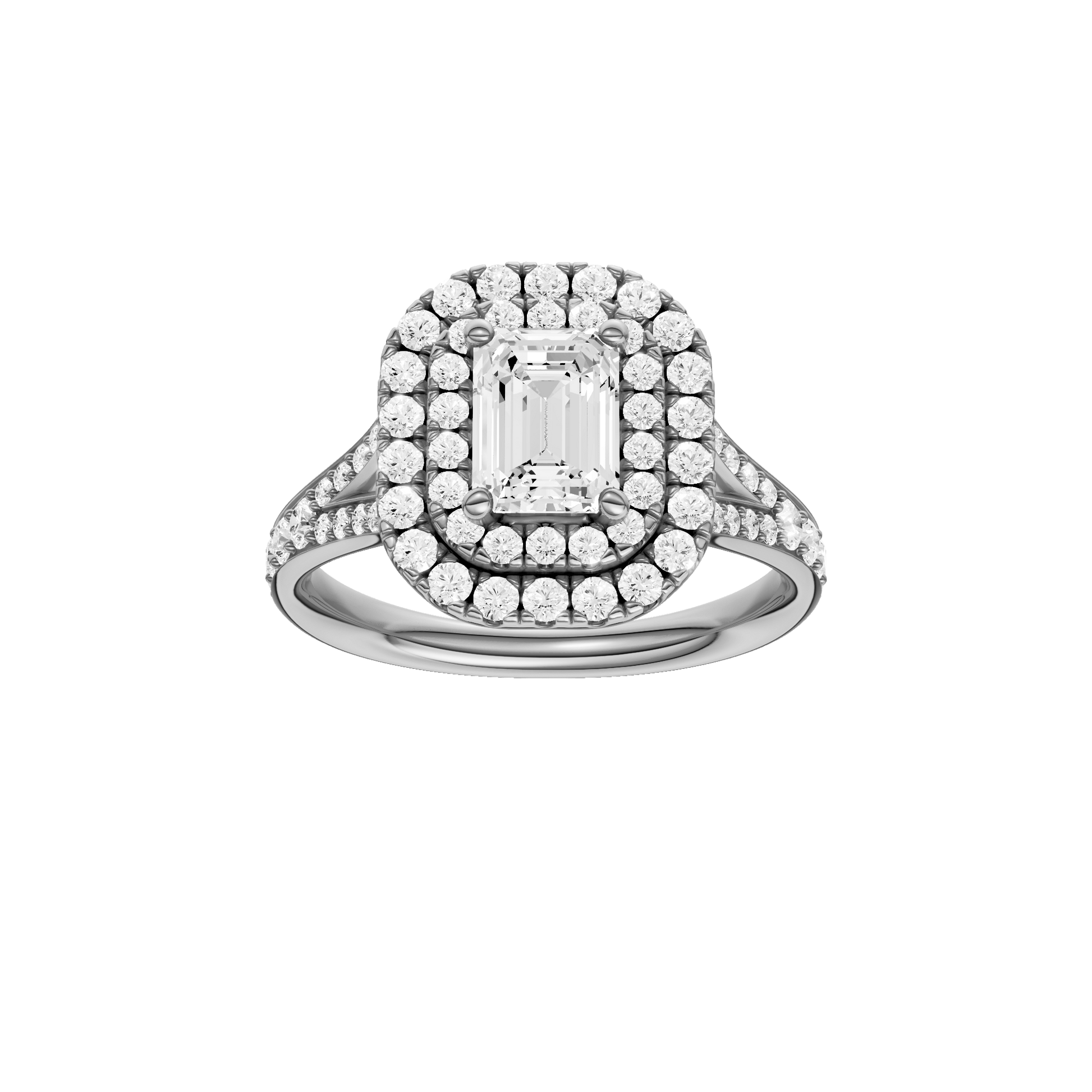 Emerald-cut diamond engagement ring with a channel-set diamond band and double-halo setting.
