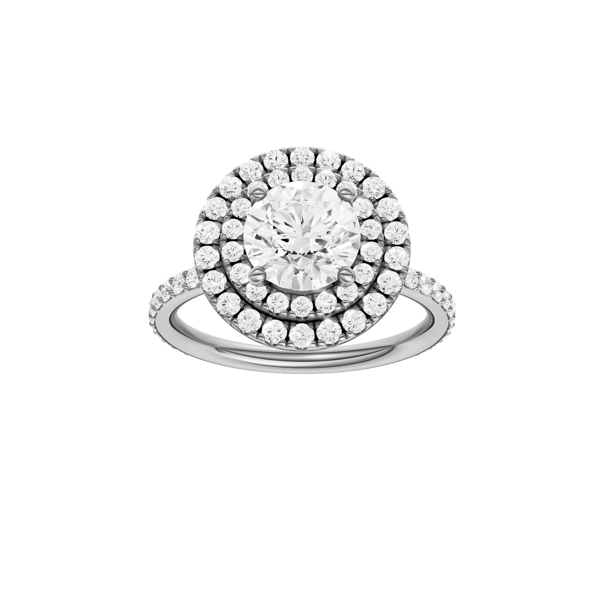 Round-cut diamond engagement ring with a prong-set diamond band and double-halo setting.