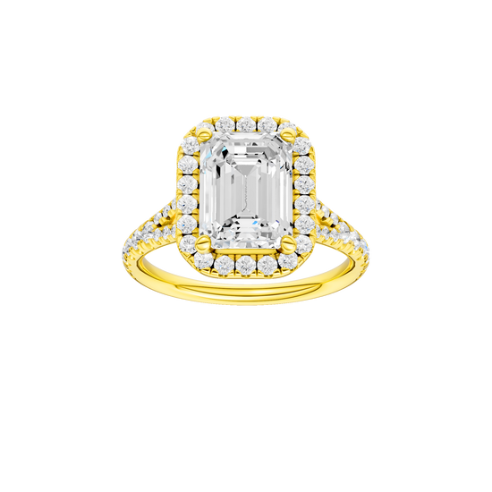 Emerald-cut diamond engagement ring with a prong-set diamond band and halo setting.
