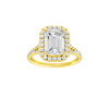 Emerald-cut diamond engagement ring with a prong-set diamond band and halo setting.