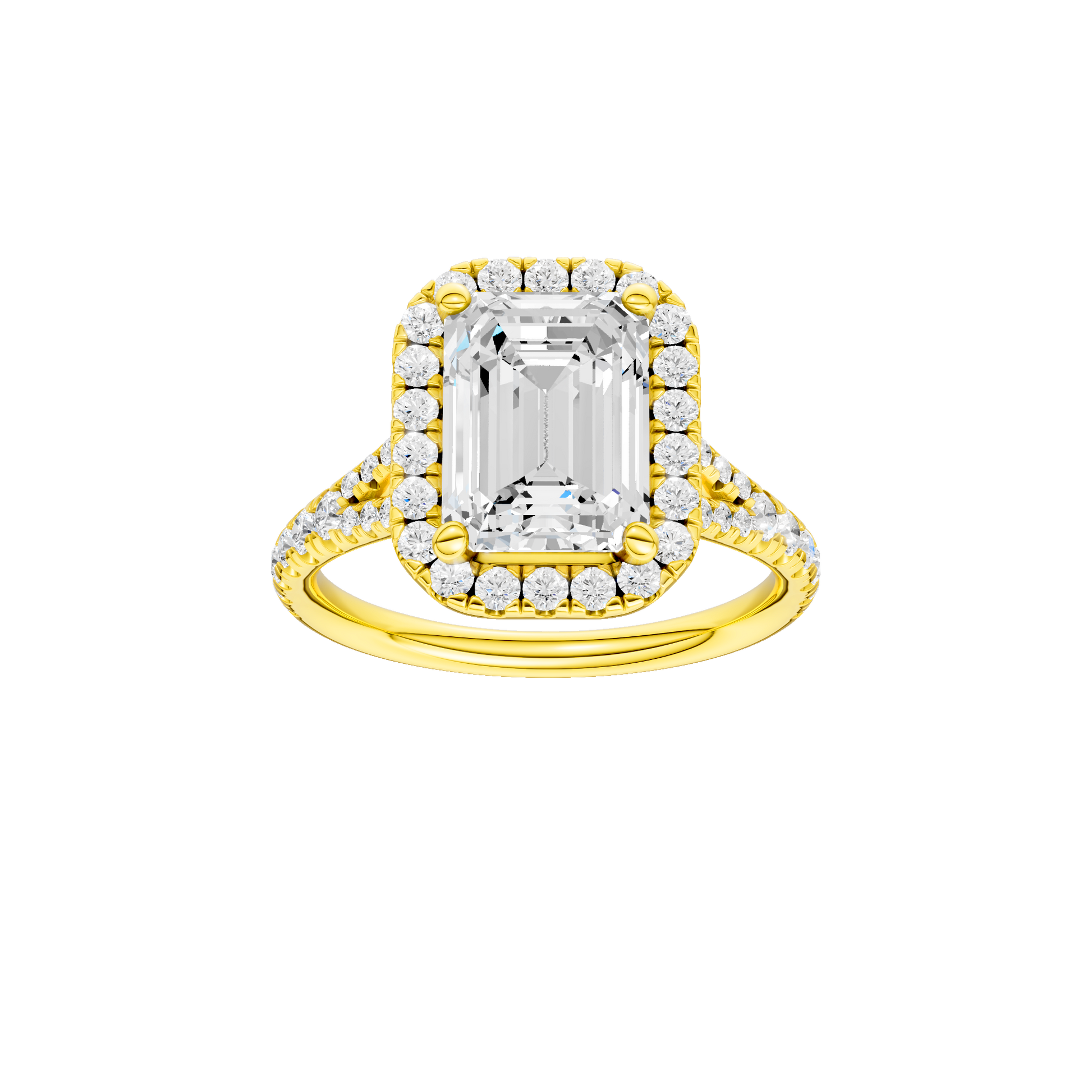 Emerald-cut diamond engagement ring with a prong-set diamond band and halo setting.