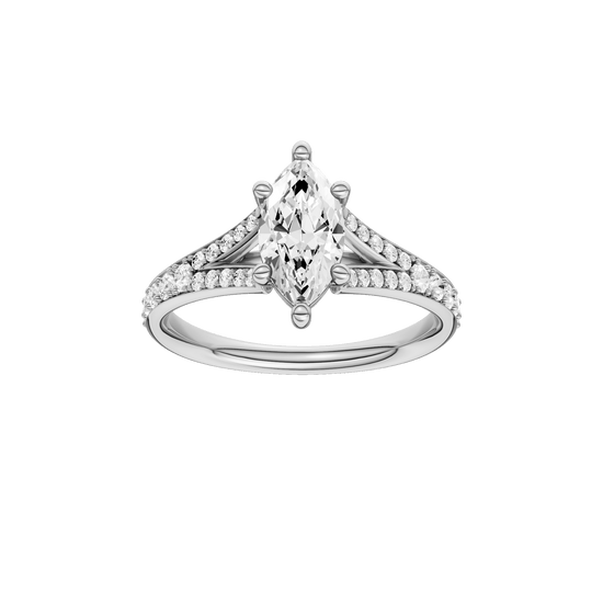 Marquise-cut diamond engagement ring with a channel-set diamond band and solitaire setting.
