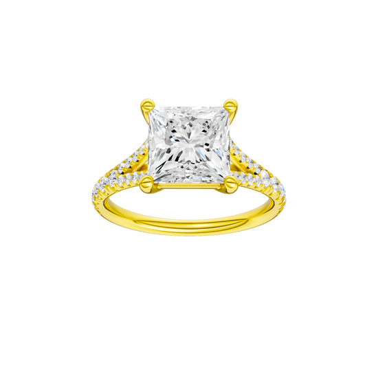 Princess-cut diamond engagement ring with a prong-set diamond band and solitaire setting.