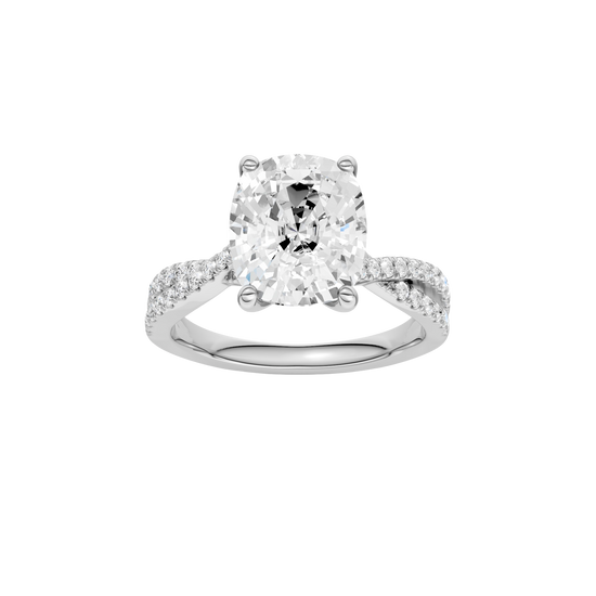 Elongated cushion-cut diamond engagement ring in 14k white gold with a prong-set diamond band and cathedral setting