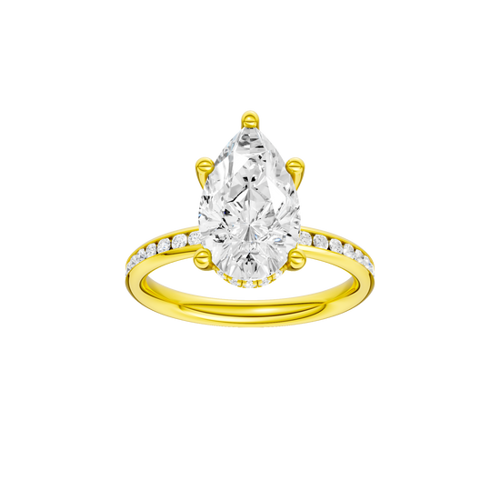 Pear-cut diamond engagement ring with a channel-set diamond band and hidden-halo setting.