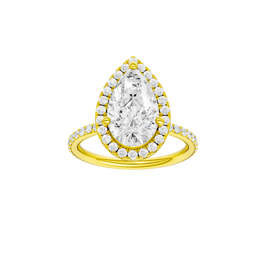 Pear-cut diamond engagement ring with a prong-set diamond band and halo setting.