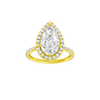 Pear-cut diamond engagement ring with a prong-set diamond band and halo setting.