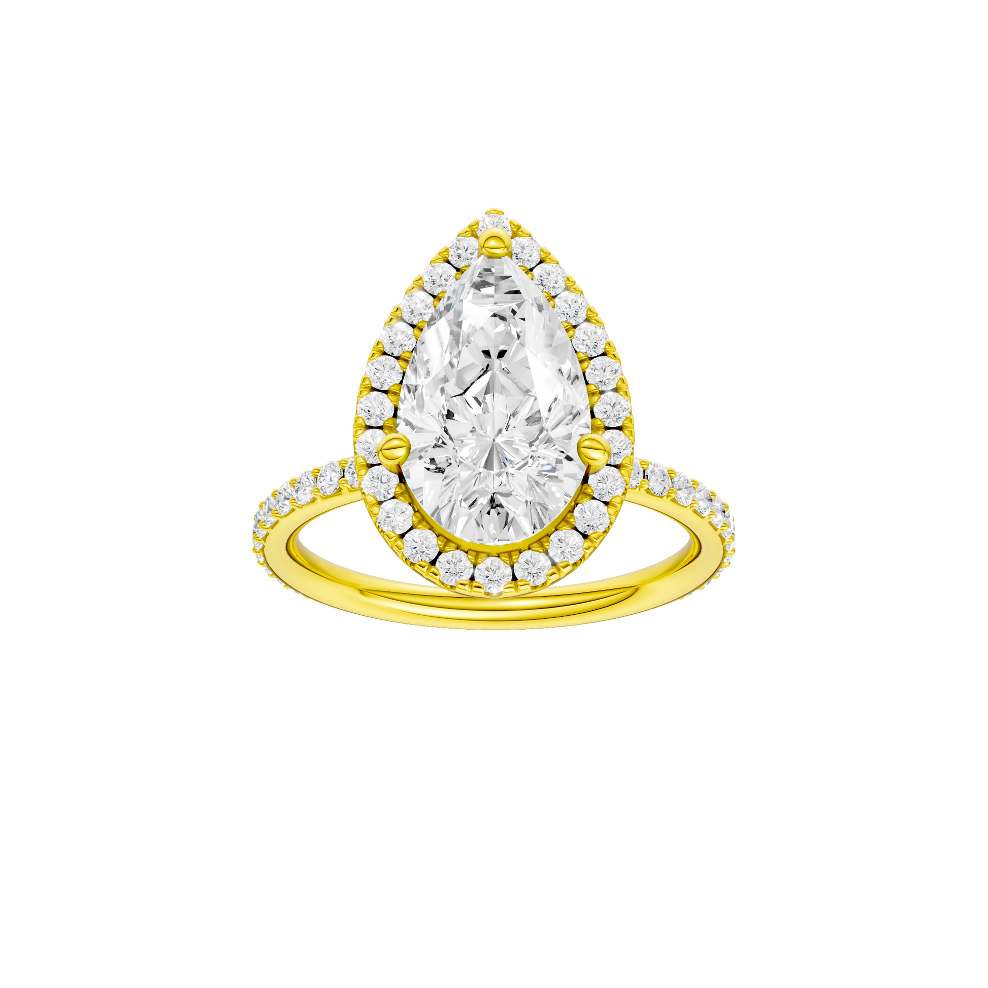 Pear-cut diamond engagement ring with a prong-set diamond band and halo setting.