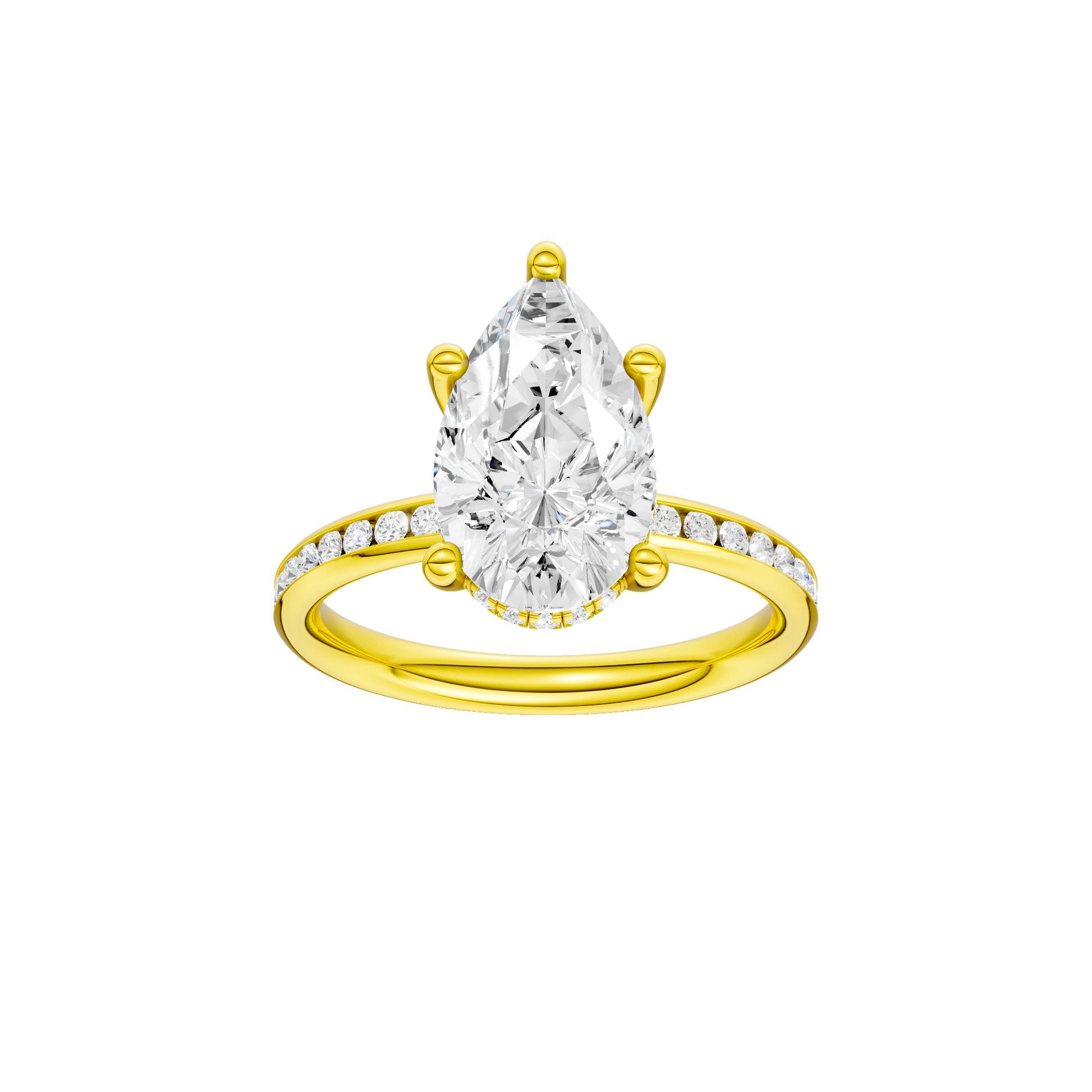 Pear-cut diamond engagement ring with a channel-set diamond band and hidden-halo setting.