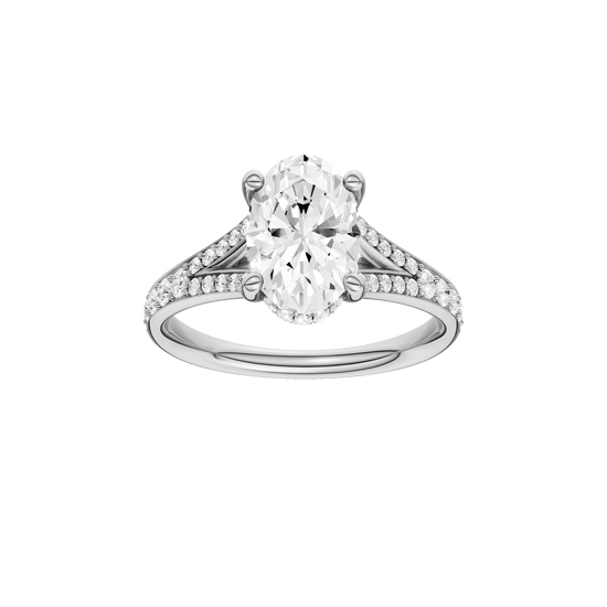 Oval-cut diamond engagement ring with a channel-set diamond band and hidden-halo setting.