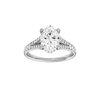 Oval-cut diamond engagement ring with a channel-set diamond band and hidden-halo setting.