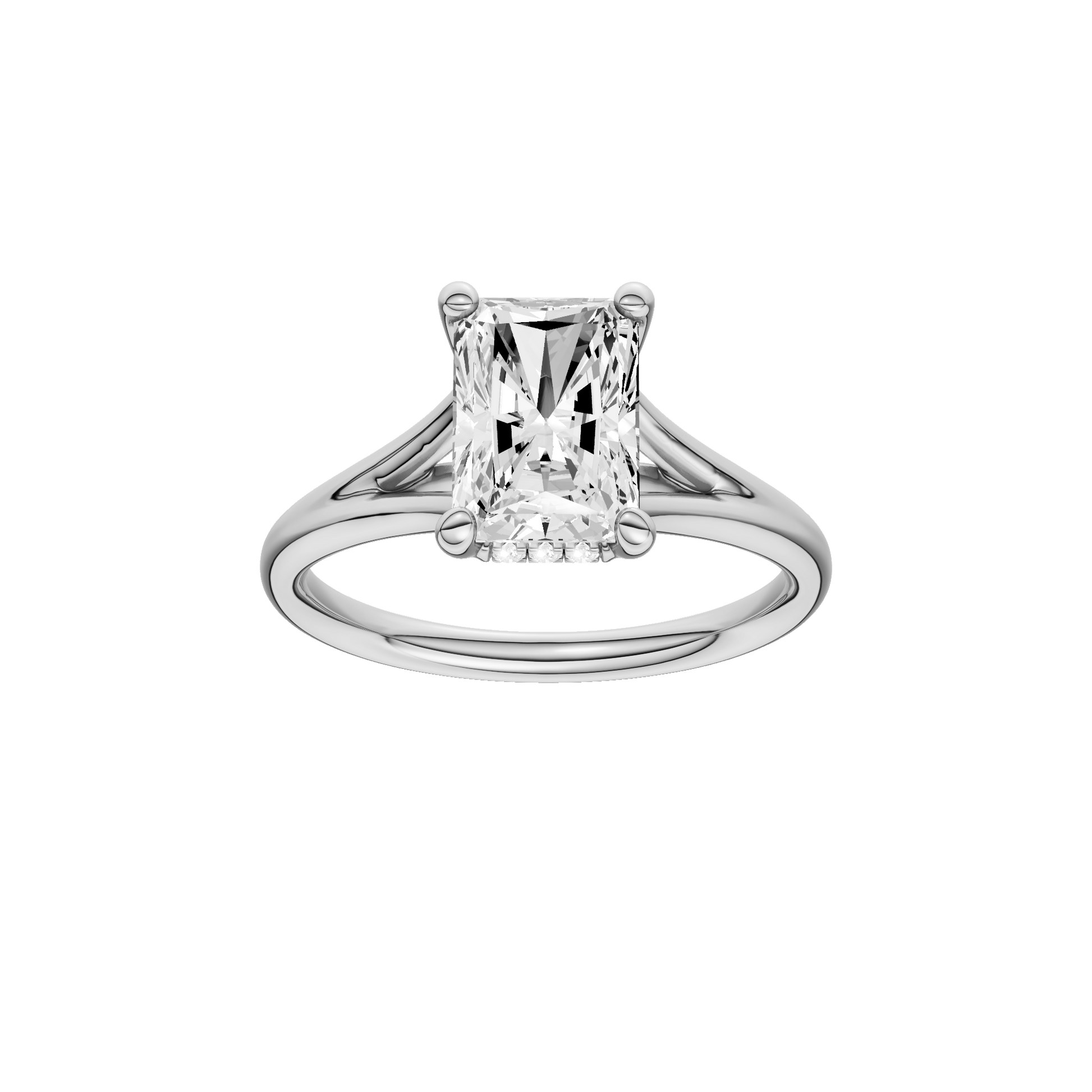 Radiant-cut diamond engagement ring with a plain band and hidden-halo setting.