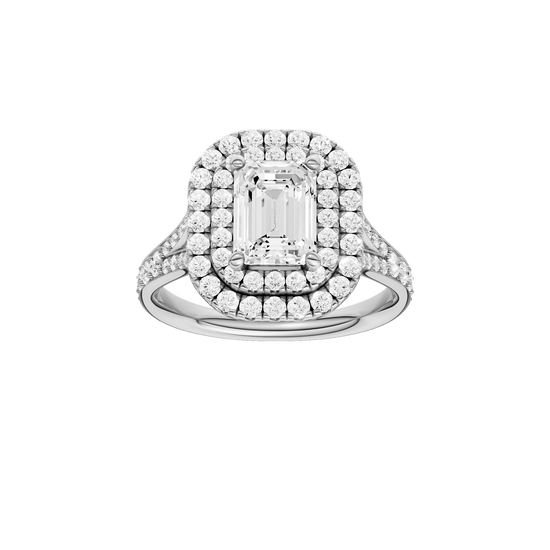 Emerald-cut diamond engagement ring with a channel-set diamond band and double-halo setting.