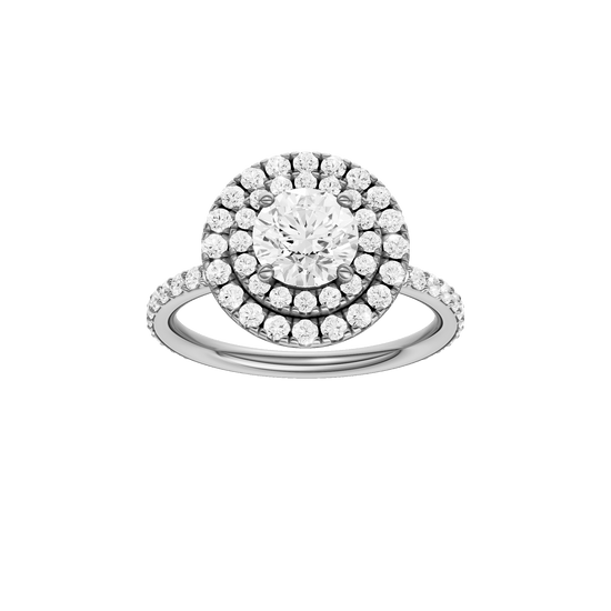 Round-cut diamond engagement ring with a prong-set diamond band and double-halo setting.