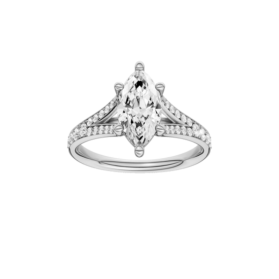 Marquise-cut diamond engagement ring with a channel-set diamond band and solitaire setting.