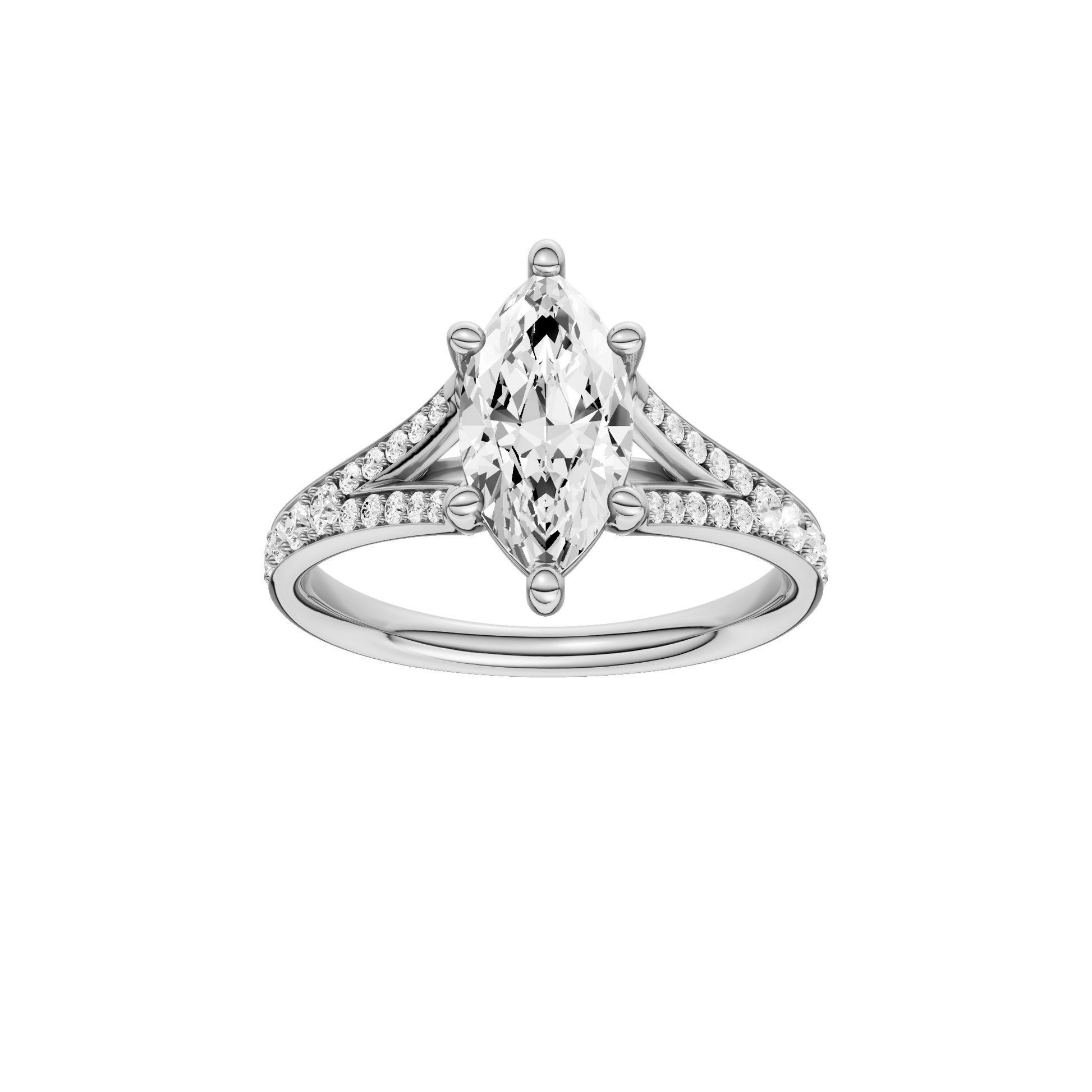 Marquise-cut diamond engagement ring with a channel-set diamond band and solitaire setting.