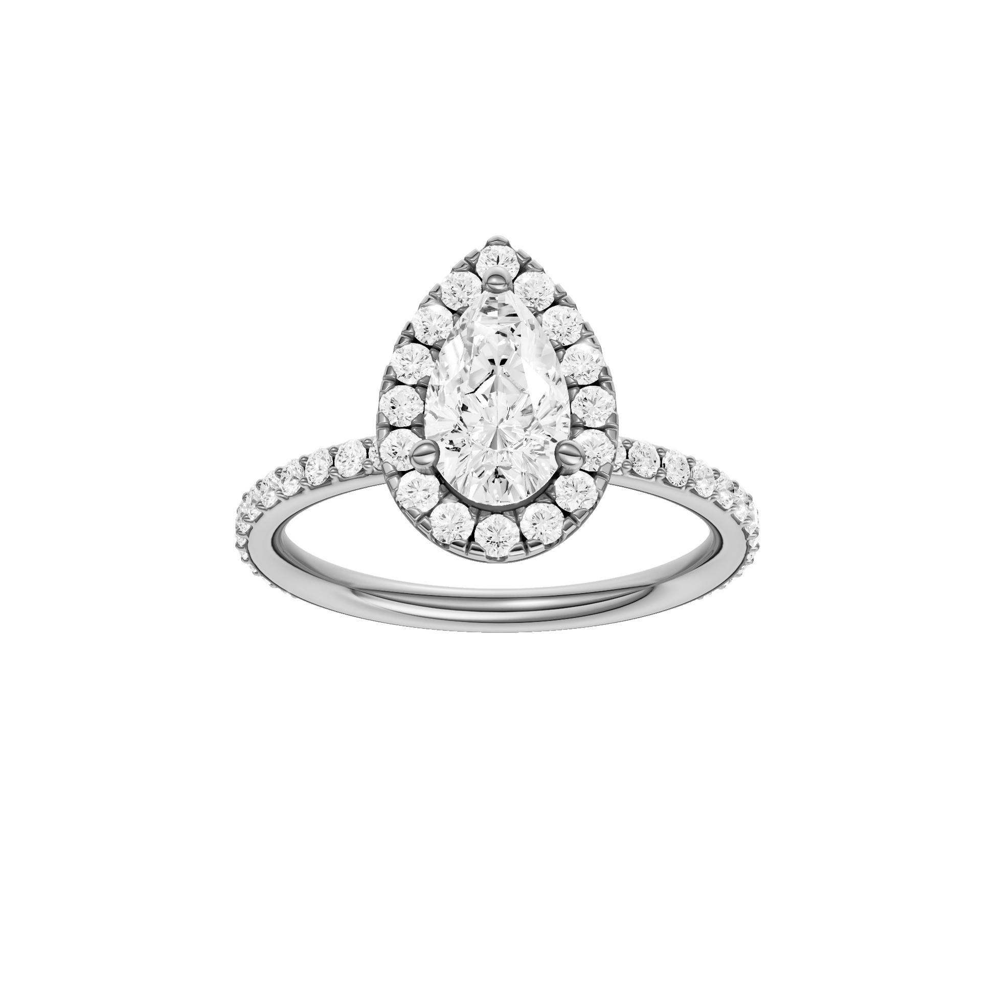 Pear-cut diamond engagement ring with a prong-set diamond band and halo setting.