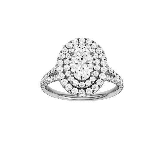Oval-cut diamond engagement ring with a prong-set diamond band and double-halo setting.