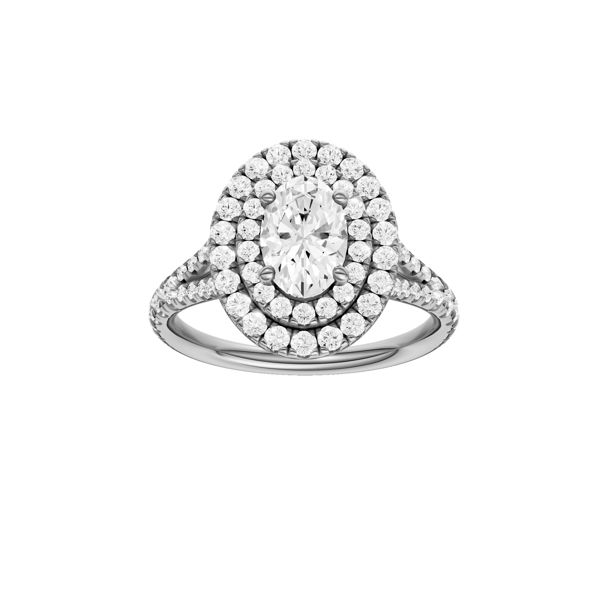 Oval-cut diamond engagement ring with a prong-set diamond band and double-halo setting.