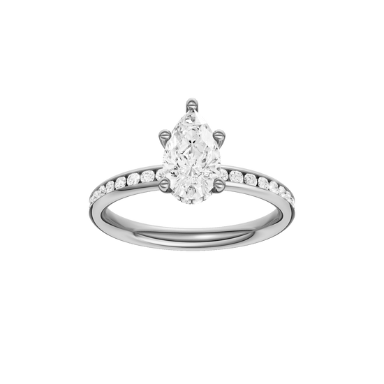 Pear-cut diamond engagement ring with a channel-set diamond band and hidden-halo setting.