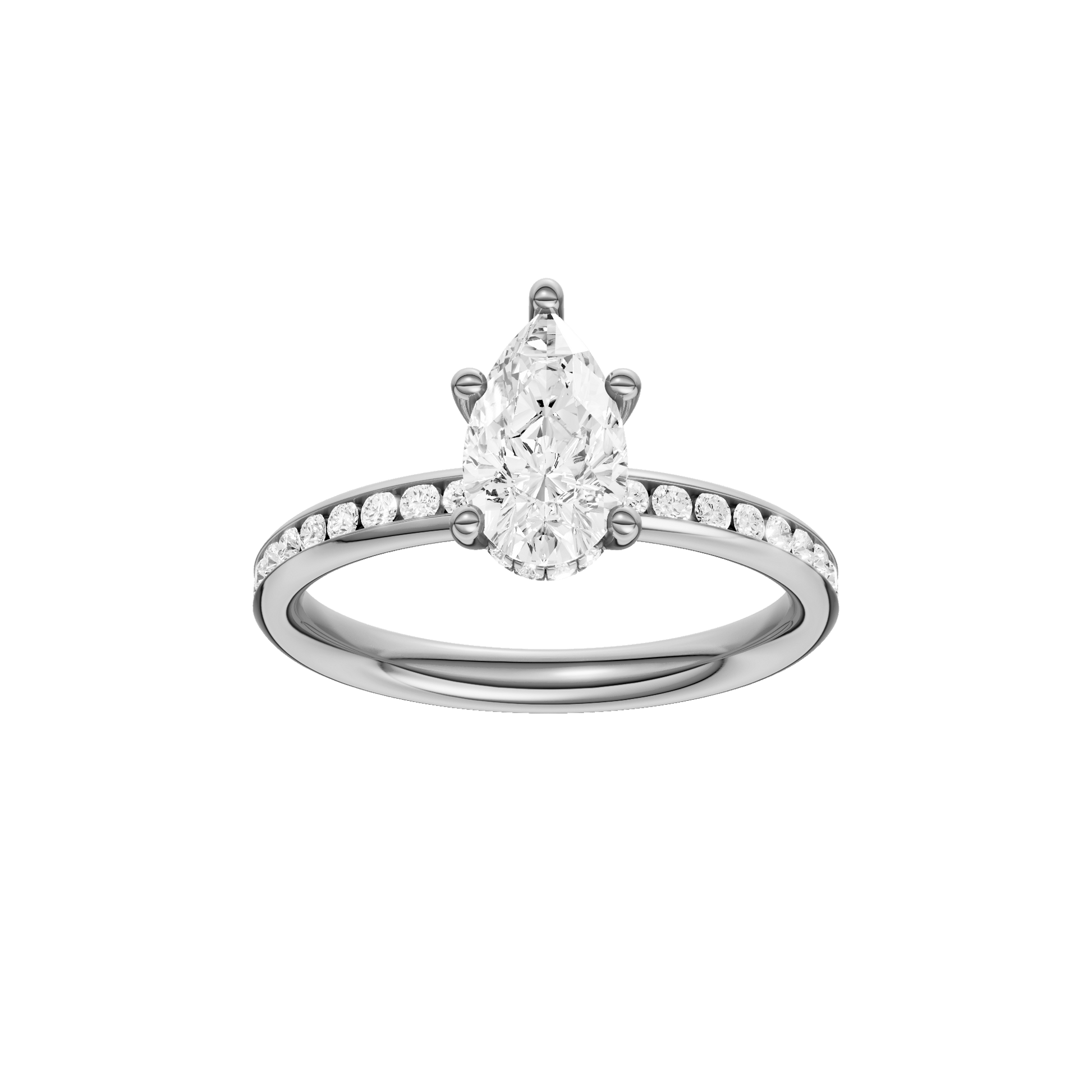 Pear-cut diamond engagement ring with a channel-set diamond band and hidden-halo setting.