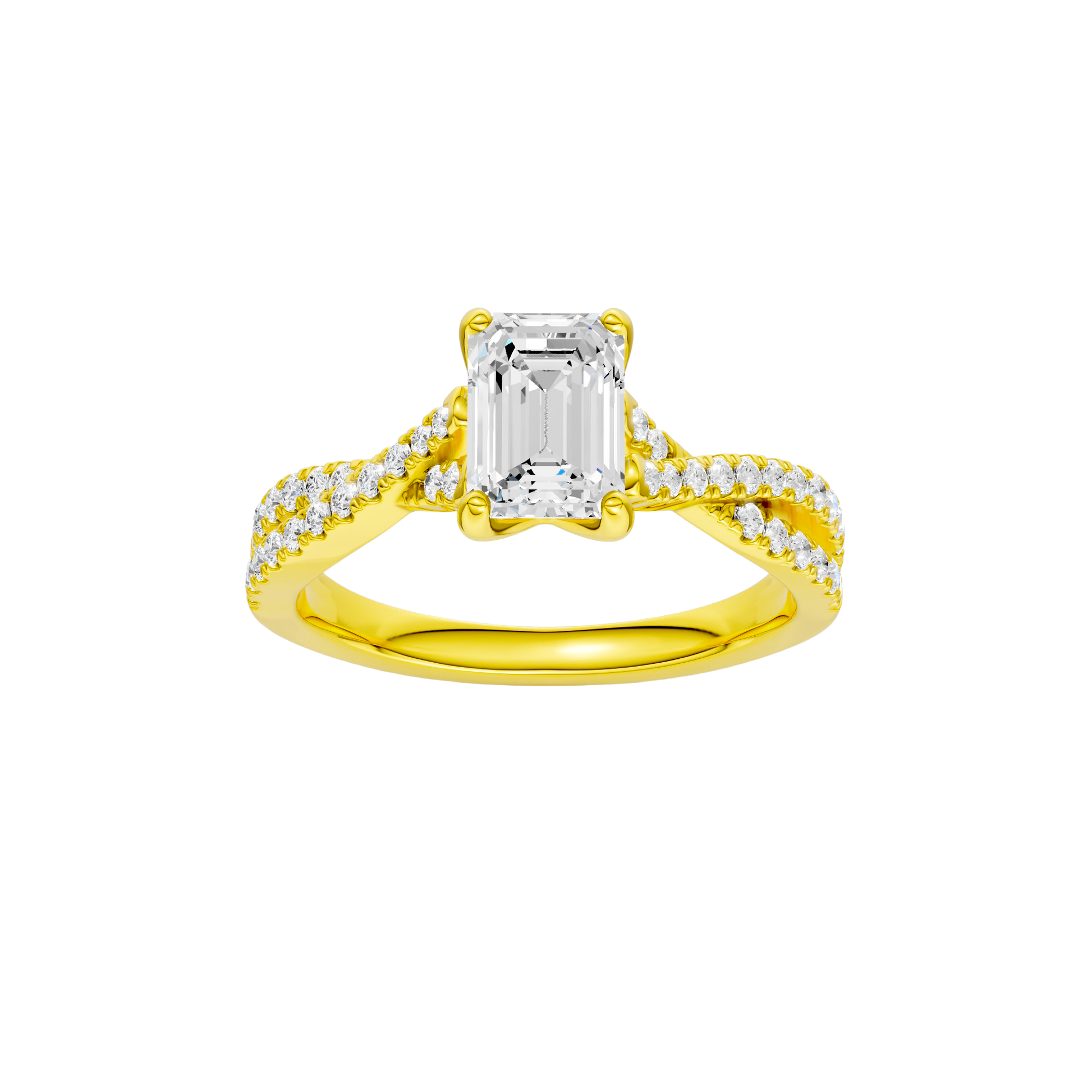 Emerald-cut diamond engagement ring in 14k yellow gold with a prong-set diamond band and twist setting