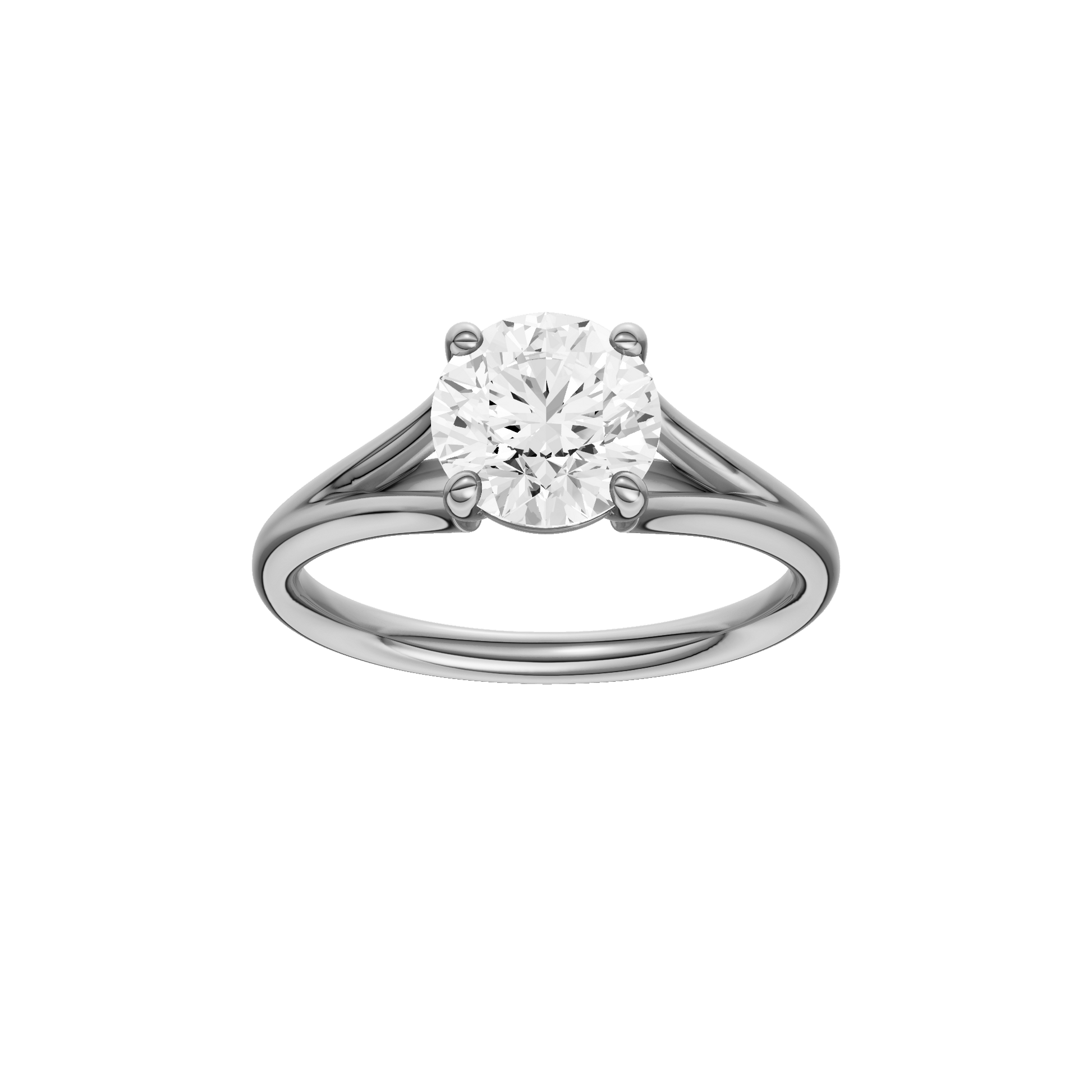 Round-cut diamond engagement ring with a plain band and solitaire setting.