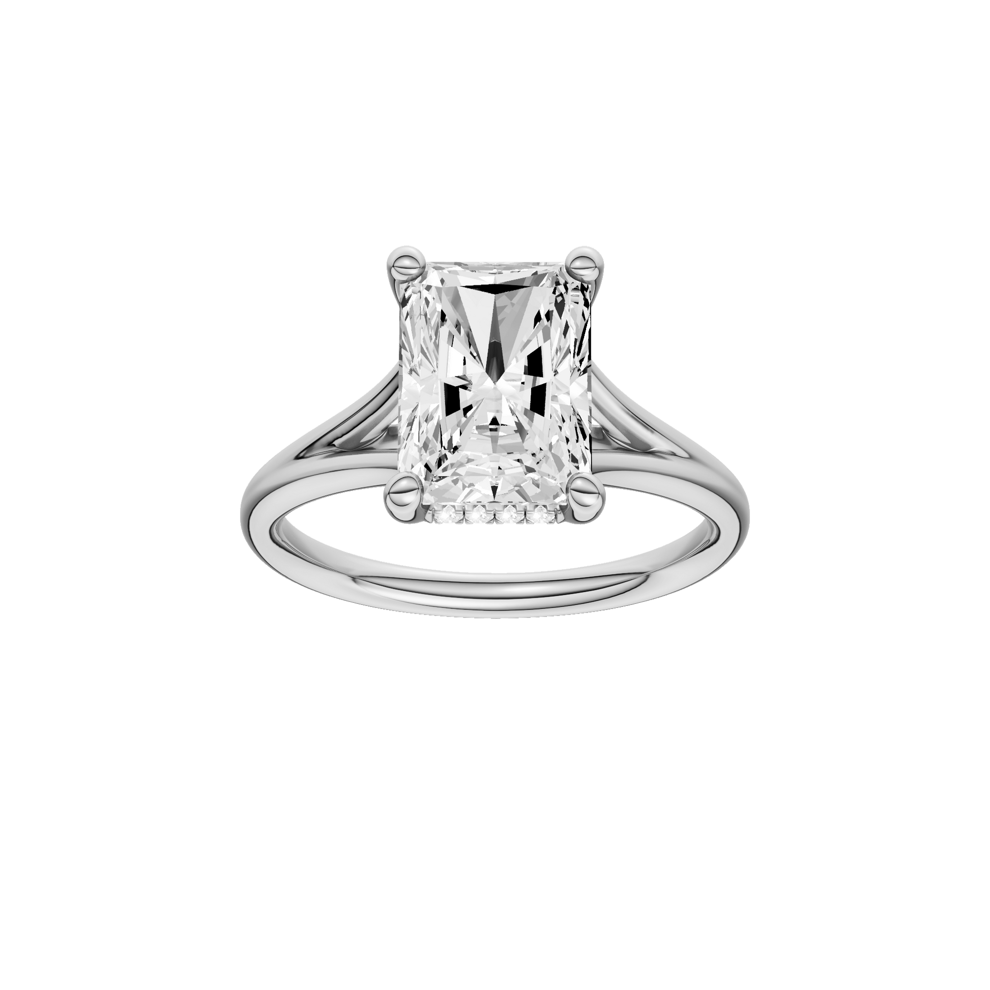 Radiant-cut diamond engagement ring with a plain band and hidden-halo setting.