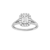 Emerald-cut diamond engagement ring with a prong-set diamond band and halo setting.