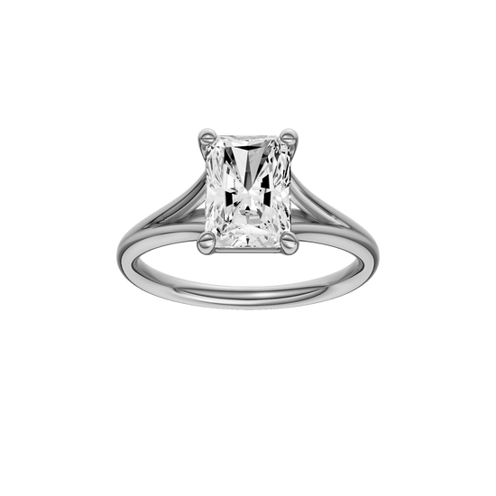 Radiant-cut diamond engagement ring with a plain band and solitaire setting.