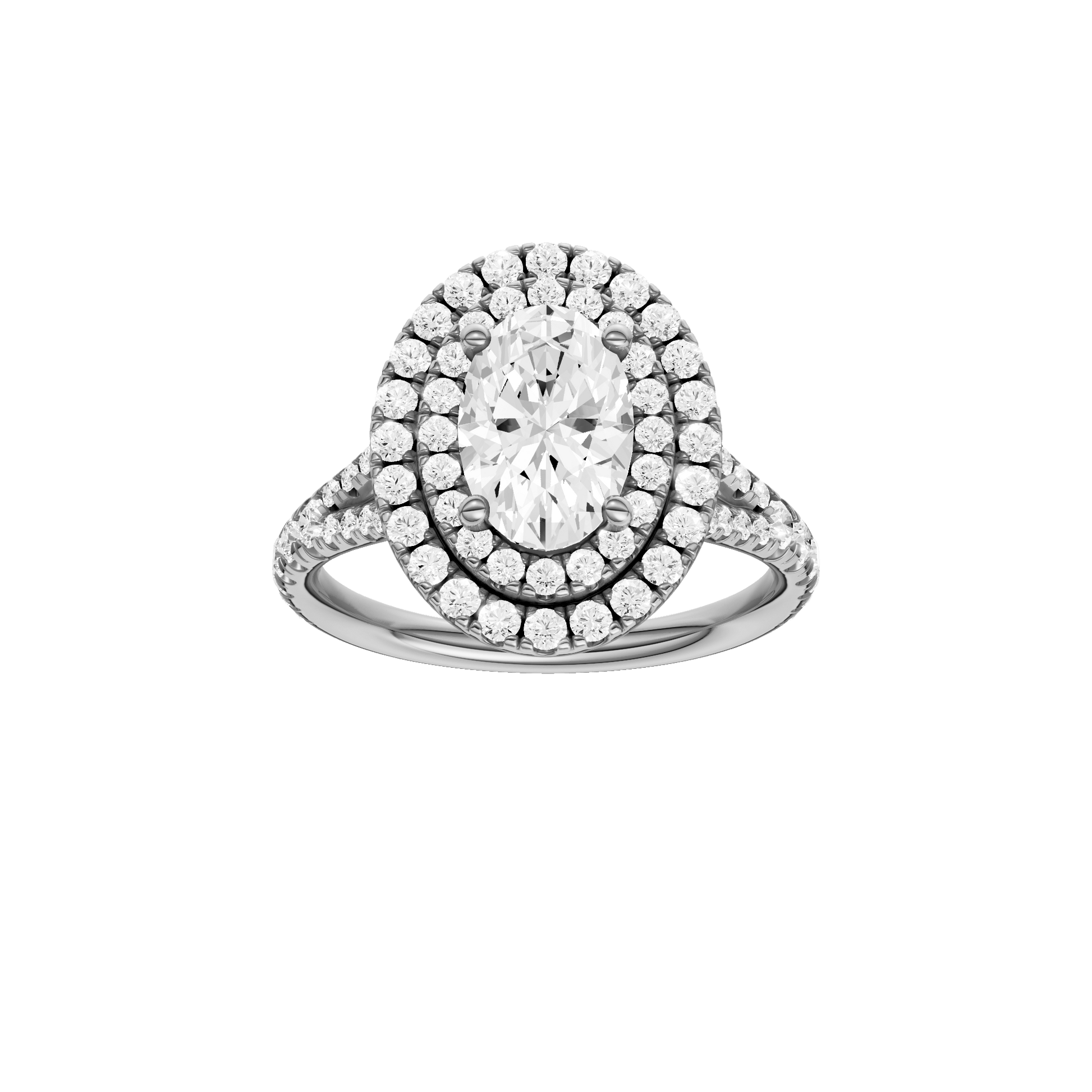 Oval-cut diamond engagement ring with a prong-set diamond band and double-halo setting.