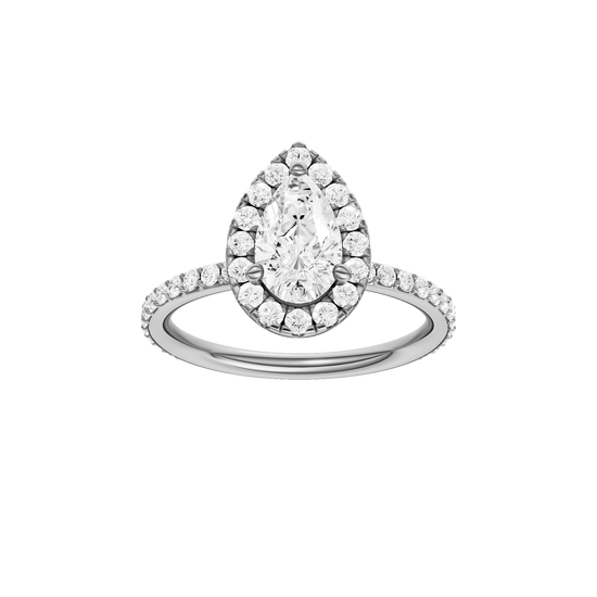 Pear-cut diamond engagement ring with a prong-set diamond band and halo setting.