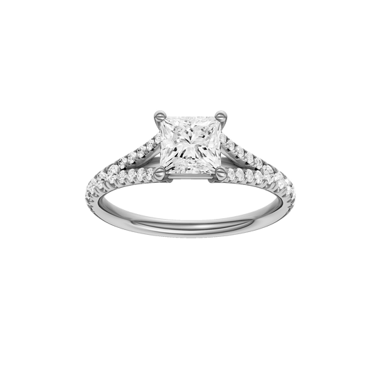 Princess-cut diamond engagement ring with a prong-set diamond band and solitaire setting.