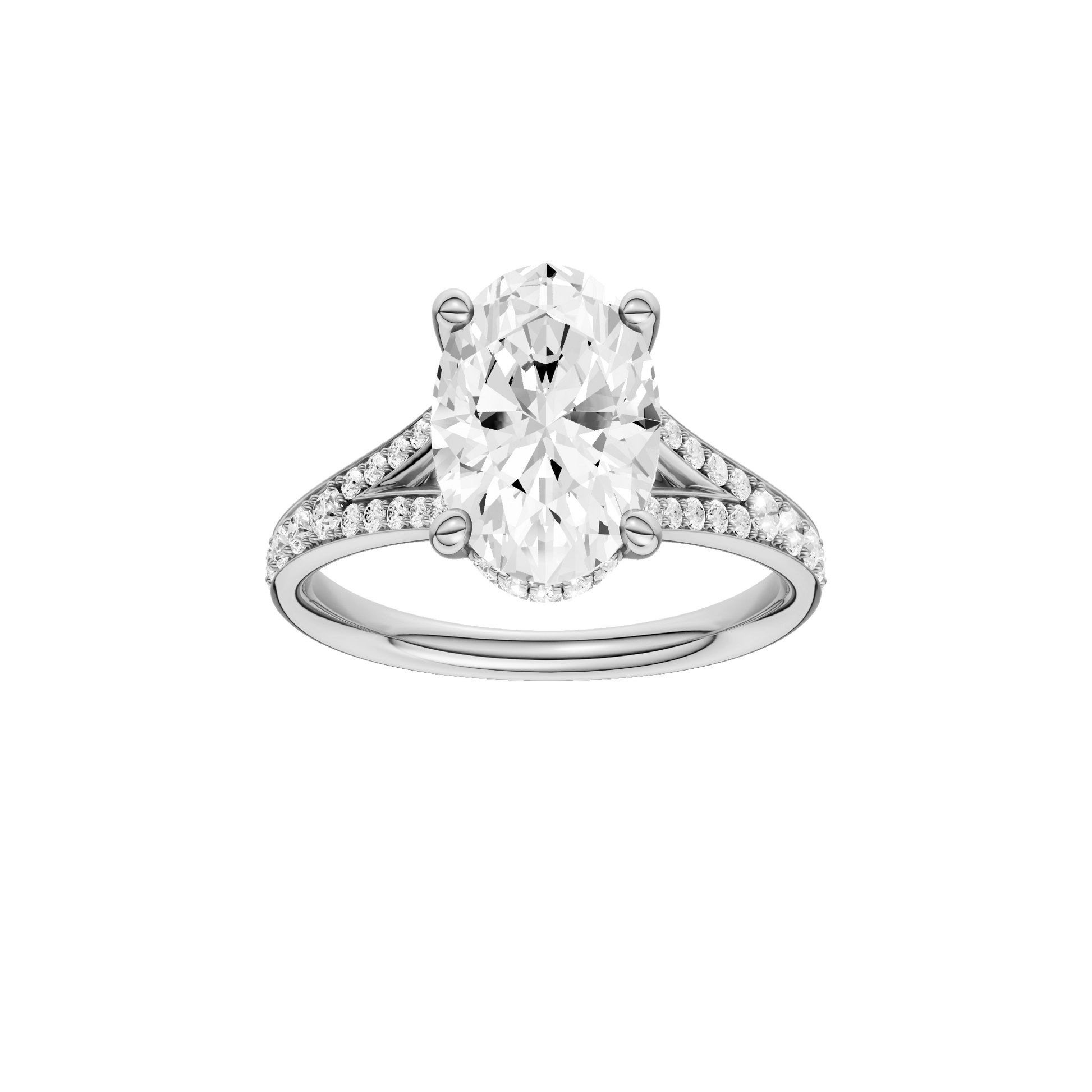 Oval-cut diamond engagement ring with a channel-set diamond band and hidden-halo setting.