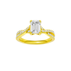 Emerald-cut diamond engagement ring in 14k yellow gold with a prong-set diamond band and twist setting