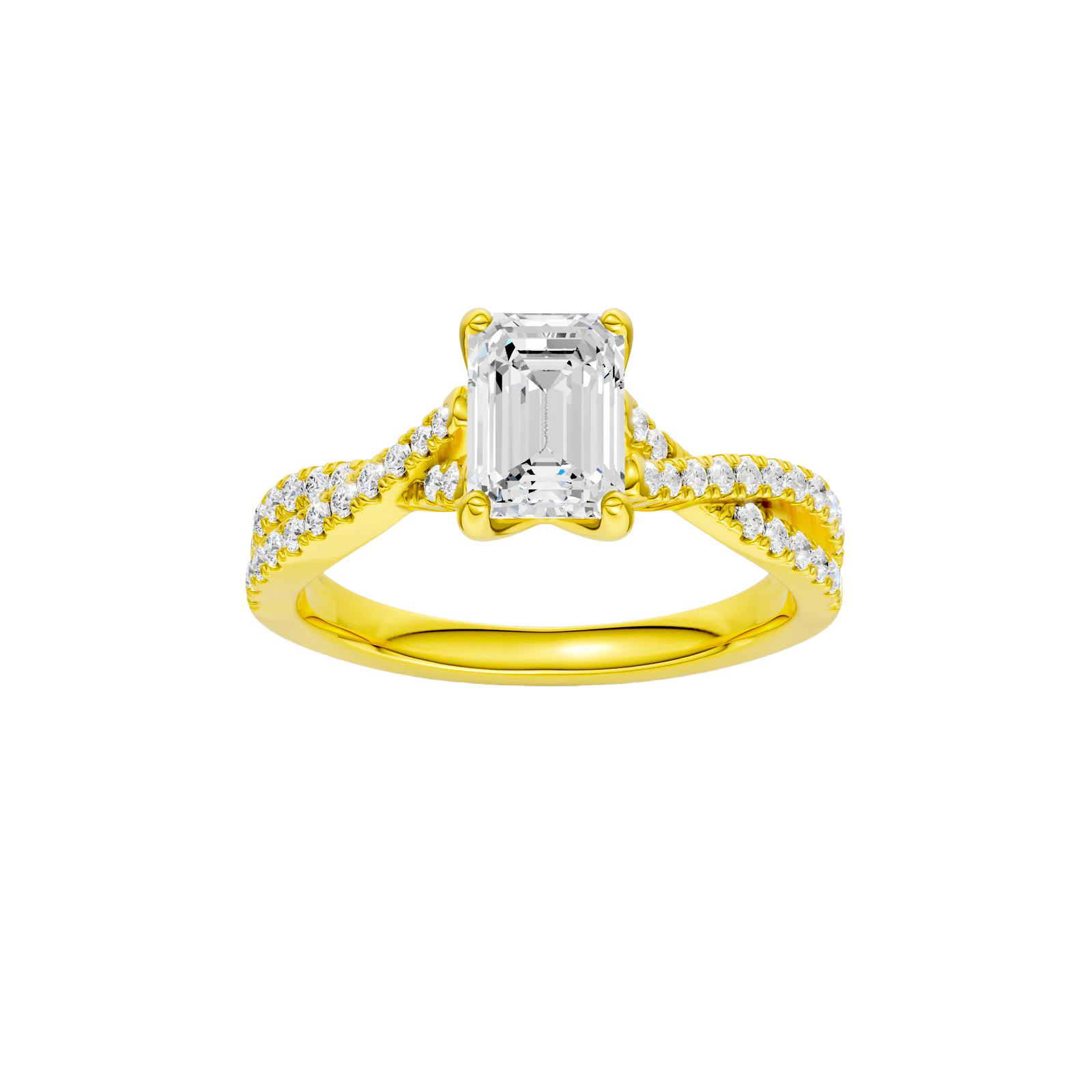 Emerald-cut diamond engagement ring in 14k yellow gold with a prong-set diamond band and twist setting