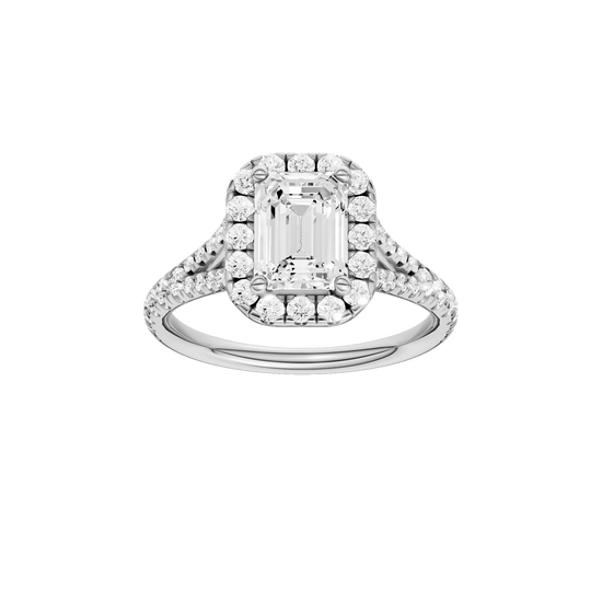 Emerald-cut diamond engagement ring with a prong-set diamond band and halo setting.