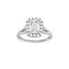 Emerald-cut diamond engagement ring with a prong-set diamond band and halo setting.