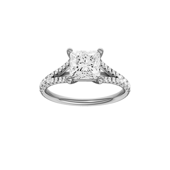 Princess-cut diamond engagement ring with a prong-set diamond band and solitaire setting.