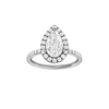 Pear-cut diamond engagement ring with a prong-set diamond band and halo setting.