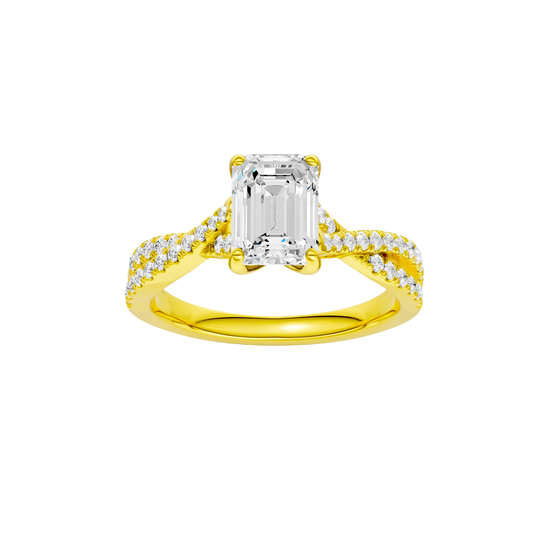 Emerald-cut diamond engagement ring in 14k yellow gold with a prong-set diamond band and twist setting