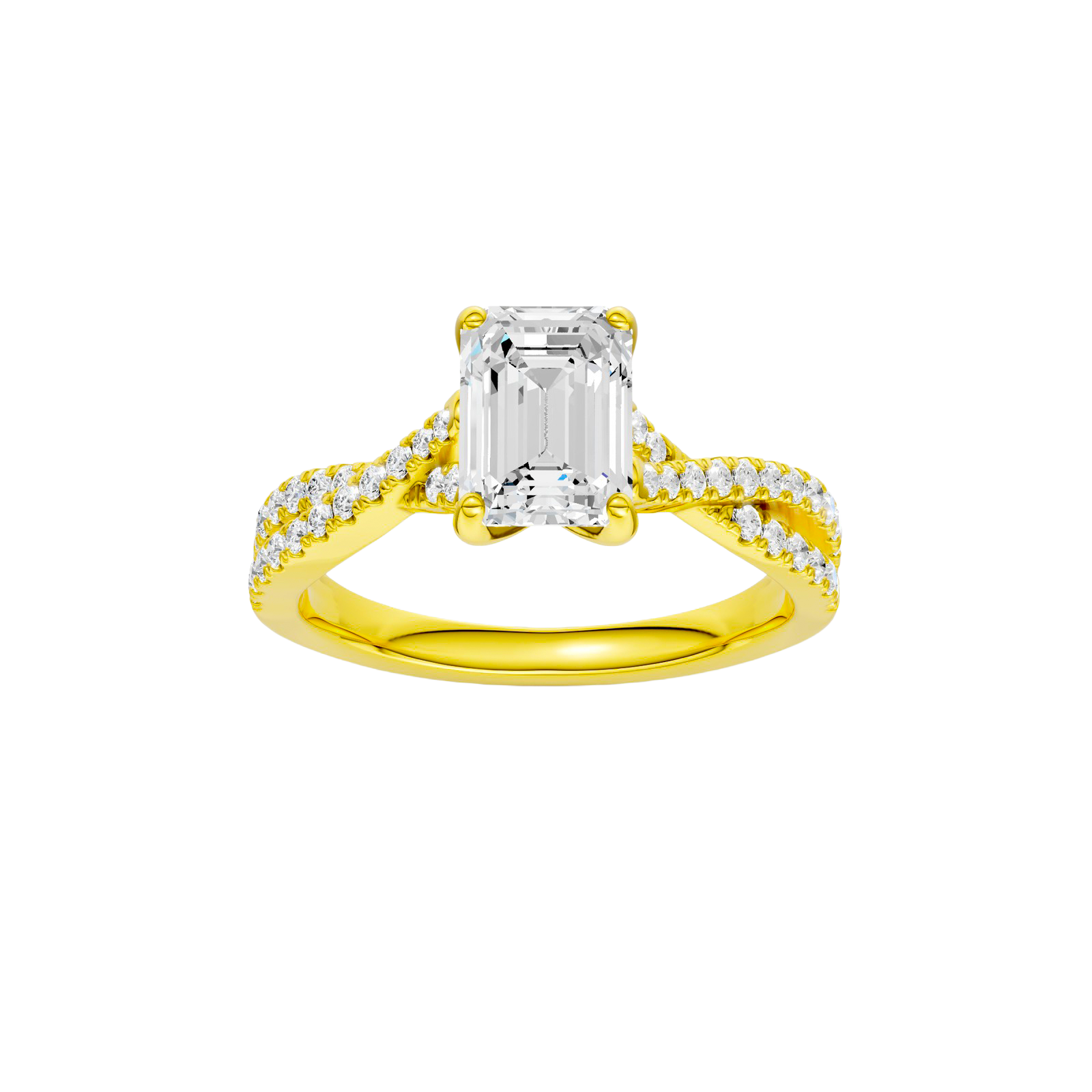 Emerald-cut diamond engagement ring in 14k yellow gold with a prong-set diamond band and twist setting