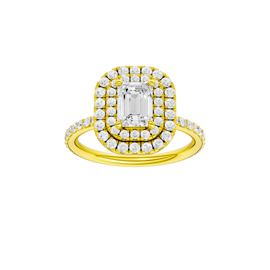 Emerald-cut diamond engagement ring with a prong-set diamond band and double-halo setting.