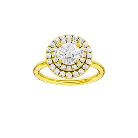Round-cut diamond engagement ring with a plain band and double-halo setting.
