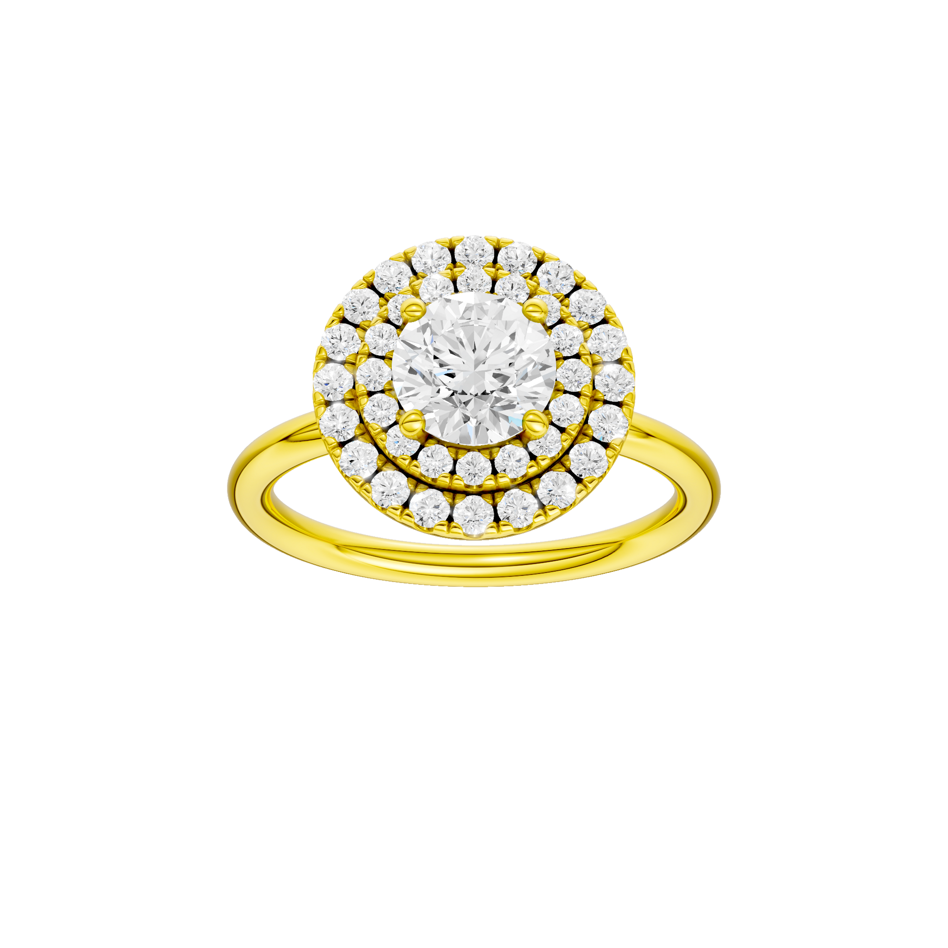 Round-cut diamond engagement ring with a plain band and double-halo setting.