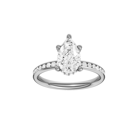 Pear-cut diamond engagement ring with a channel-set diamond band and hidden-halo setting.
