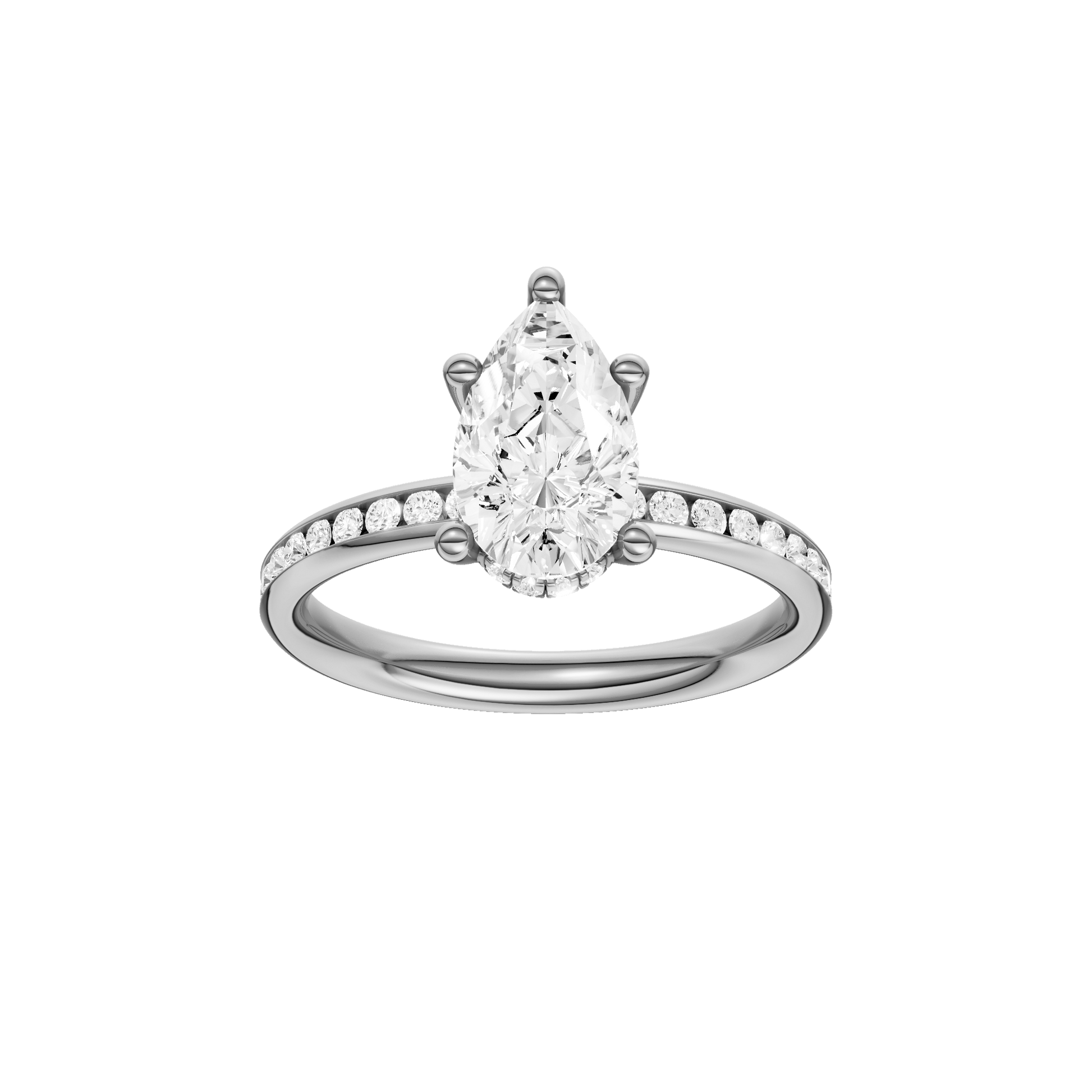 Pear-cut diamond engagement ring with a channel-set diamond band and hidden-halo setting.