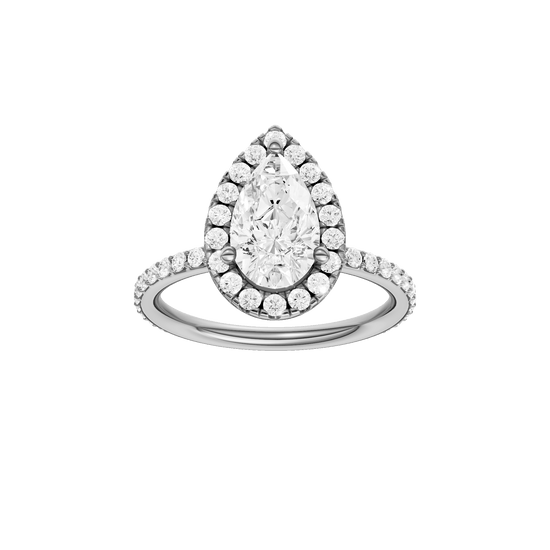 Pear-cut diamond engagement ring with a prong-set diamond band and halo setting.