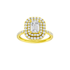 Emerald-cut diamond engagement ring with a prong-set diamond band and double-halo setting.